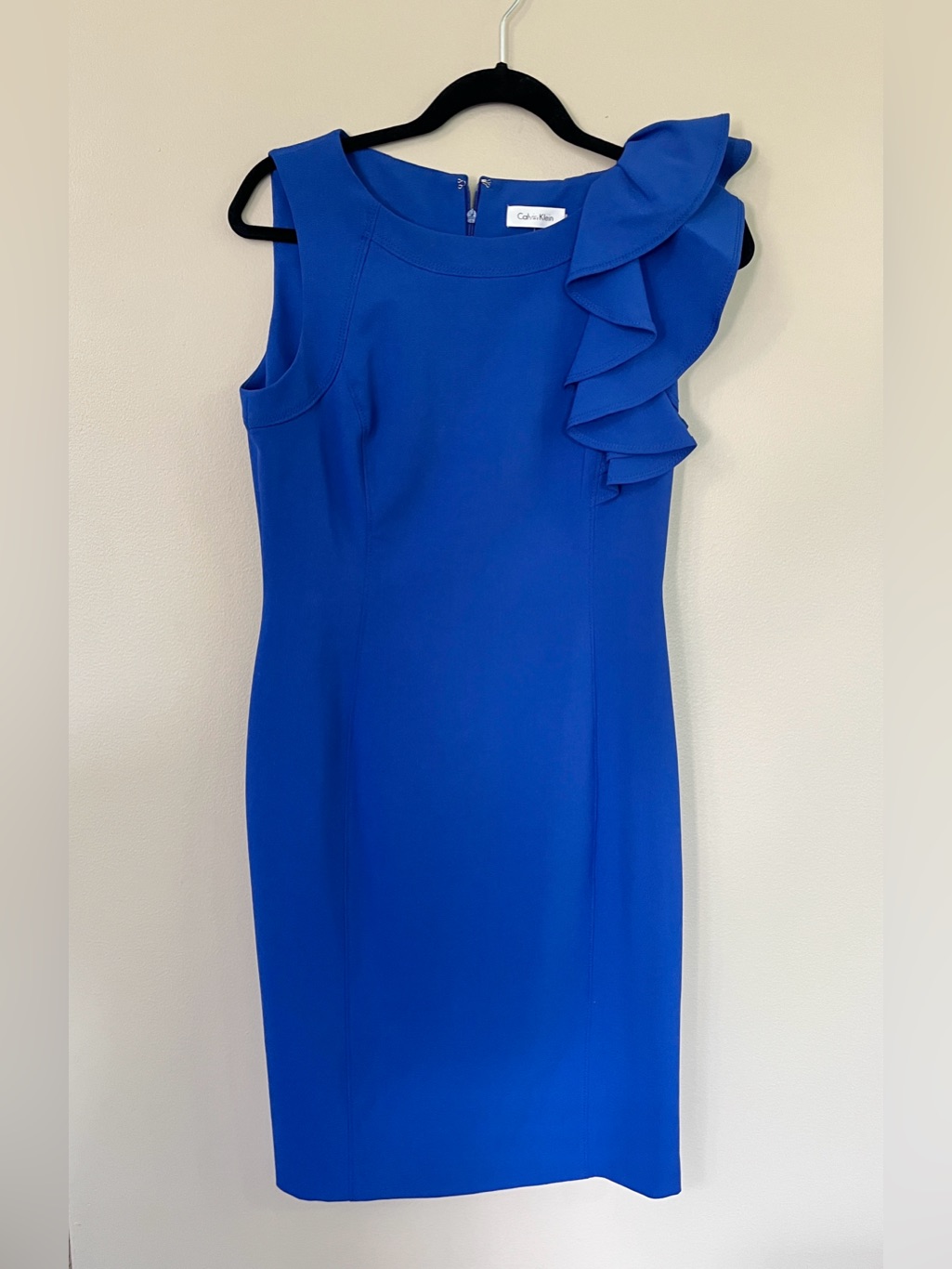 Calvin Klein Asymmetric Ruffle Sheath Royal Blue Dress Size 4